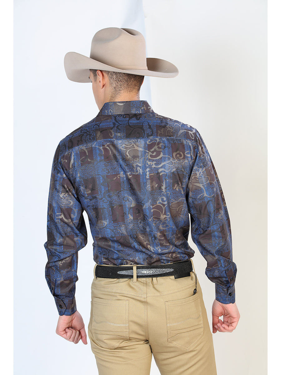 Camisa Vaquera Manga Larga Estampada Cuadros Azul/Negro para Hombre 'El Señor de los Cielos' - ID: 43866 Western Shirt El Señor de los Cielos 