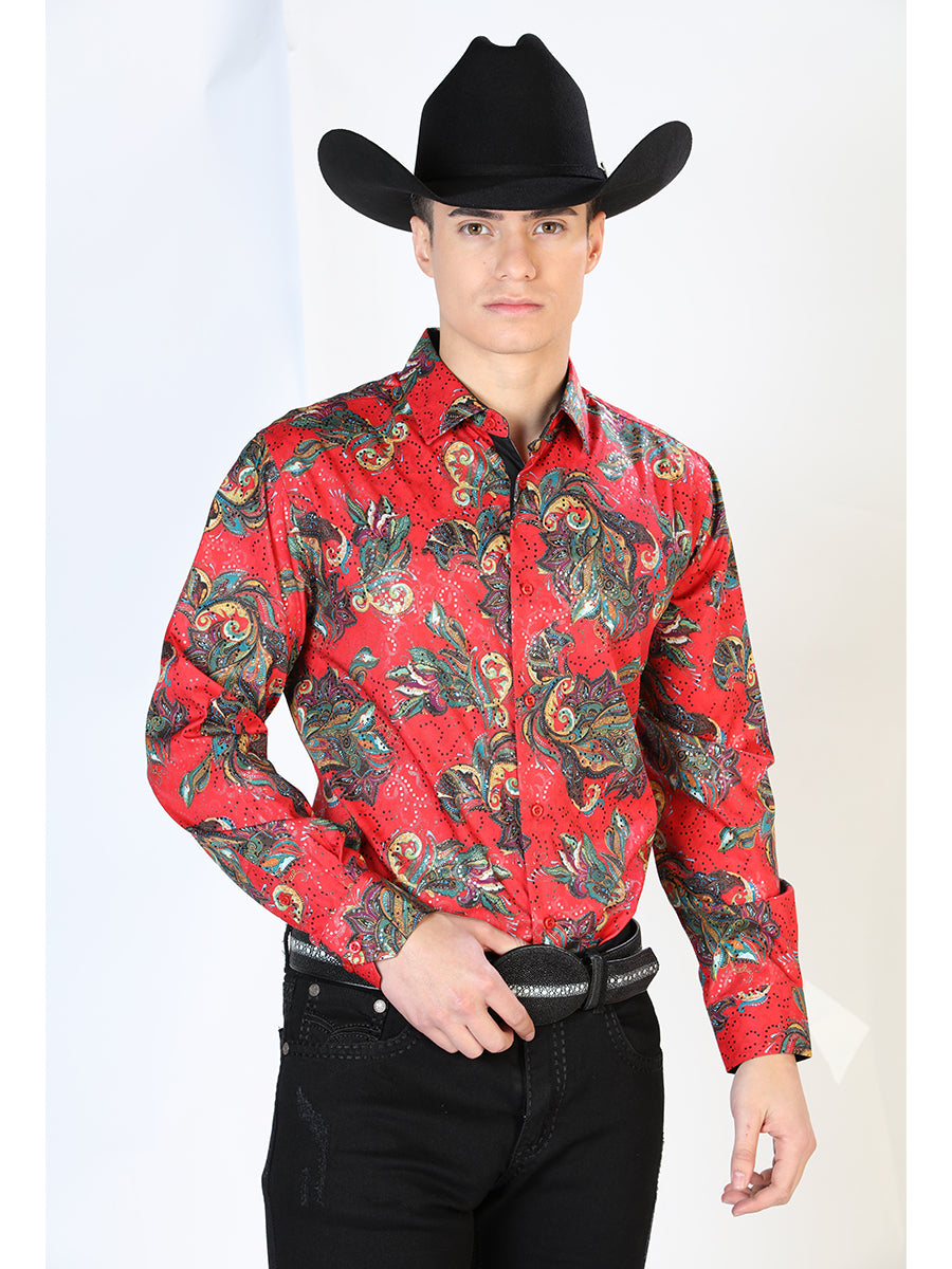 Red Paisley Printed Long Sleeve Denim Shirt for Men 'The Lord of the Skies' - ID: 43869