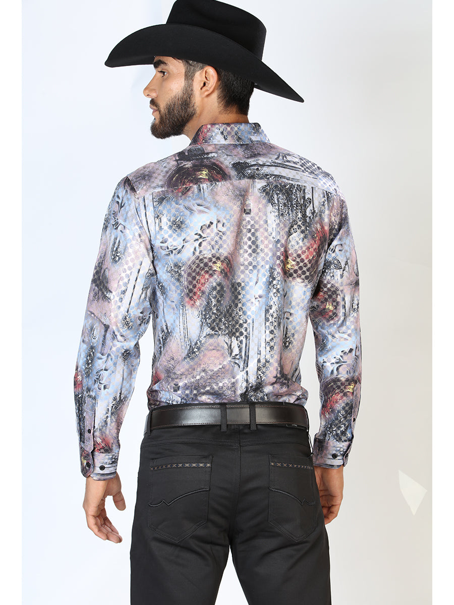 Black Printed Long Sleeve Denim Shirt for Men 'The Lord of the Skies' - ID: 43871