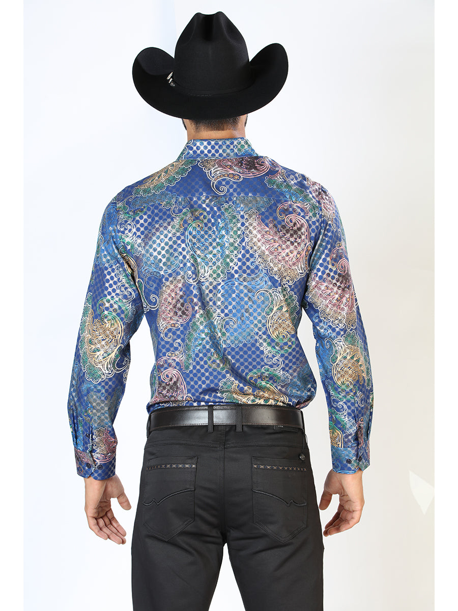 Blue Paisley Print Long Sleeve Denim Shirt for Men 'The Lord of the Skies' - ID: 43873