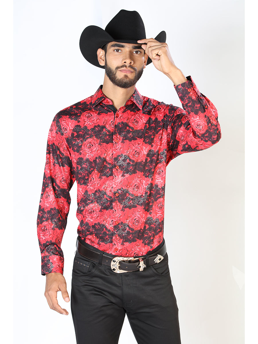 Red Floral Print Long Sleeve Denim Shirt for Men 'The Lord of the Skies' - ID: 43874