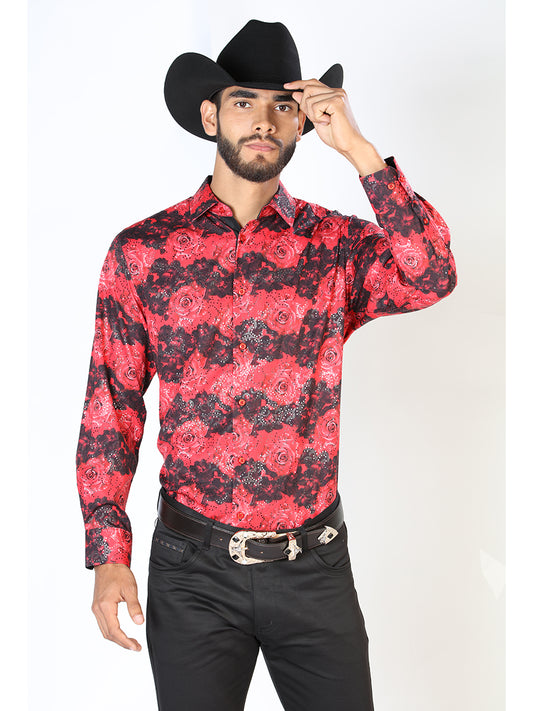 Camisa Vaquera Manga Larga Estampada Floral Rojo para Hombre 'El Señor de los Cielos' - ID: 43874 Western Shirt El Señor de los Cielos Red