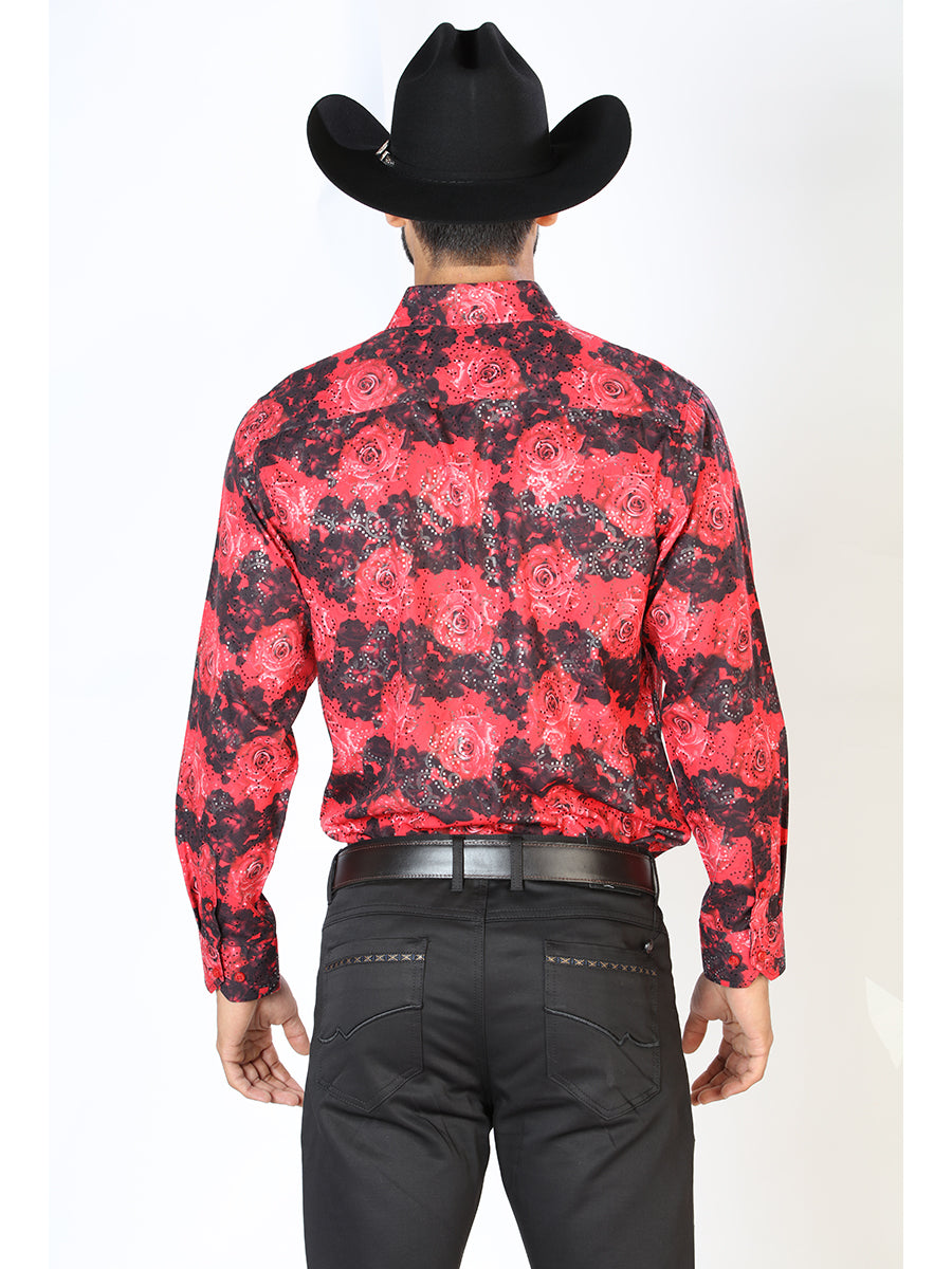 Camisa Vaquera Manga Larga Estampada Floral Rojo para Hombre 'El Señor de los Cielos' - ID: 43874 Western Shirt El Señor de los Cielos 
