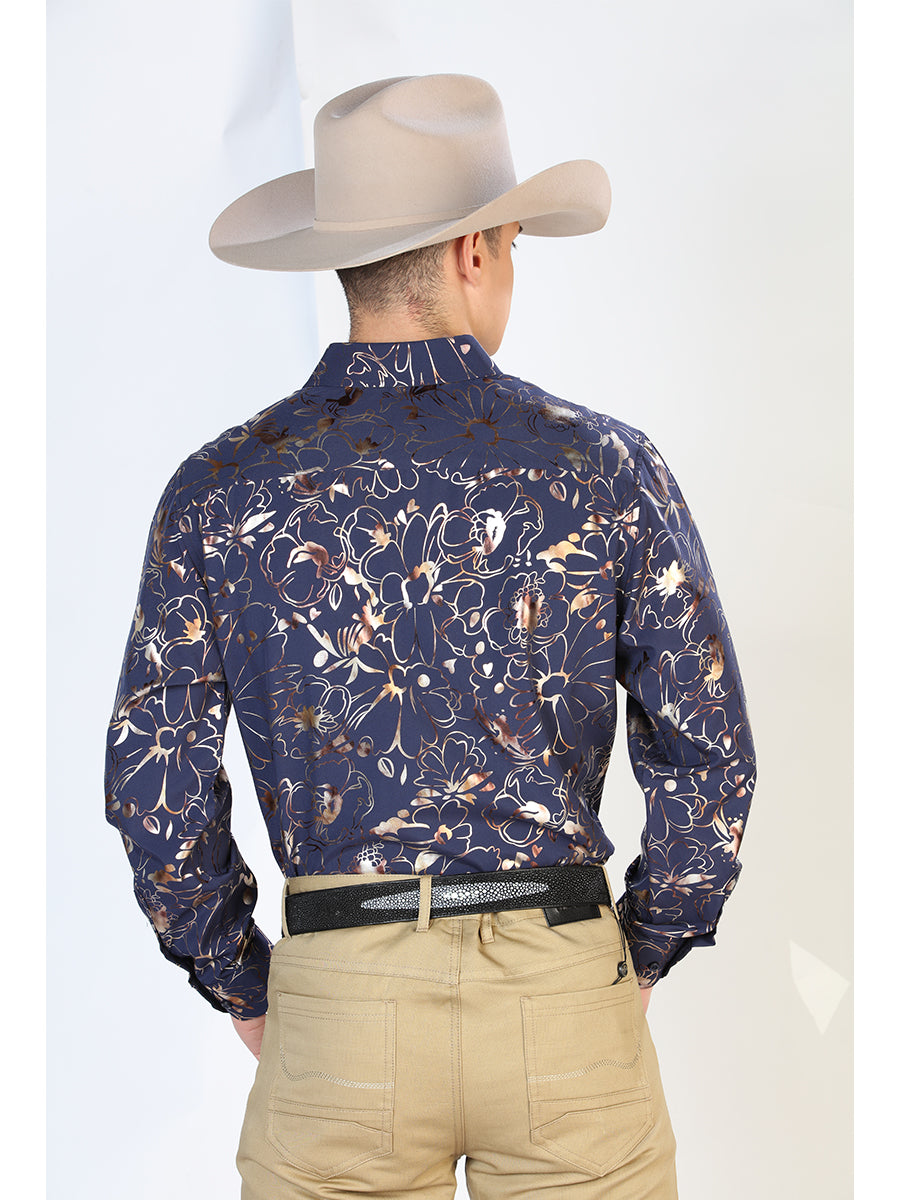 Navy Blue Printed Long Sleeve Denim Shirt for Men 'The Lord of the Skies' - ID: 43875