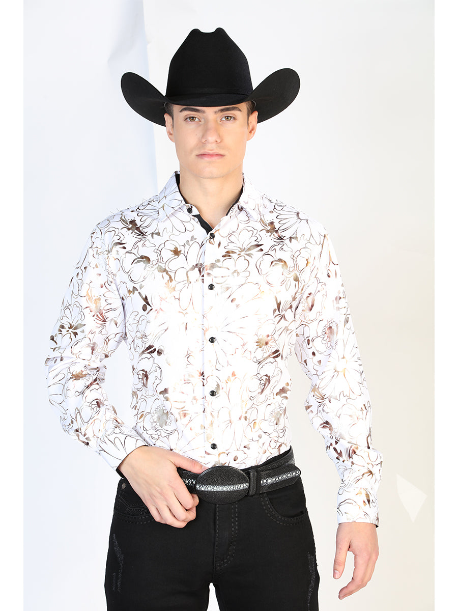 Camisa Vaquera Manga Larga Estampada Blanco para Hombre 'El Señor de los Cielos' - ID: 43876 Western Shirt El Señor de los Cielos 