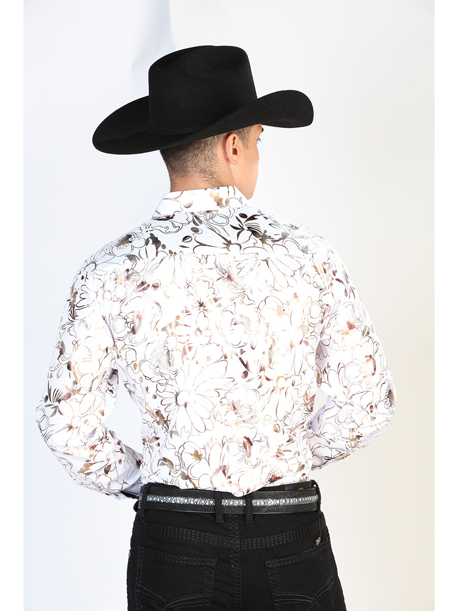 White Printed Long Sleeve Denim Shirt for Men 'The Lord of the Skies' - ID: 43876
