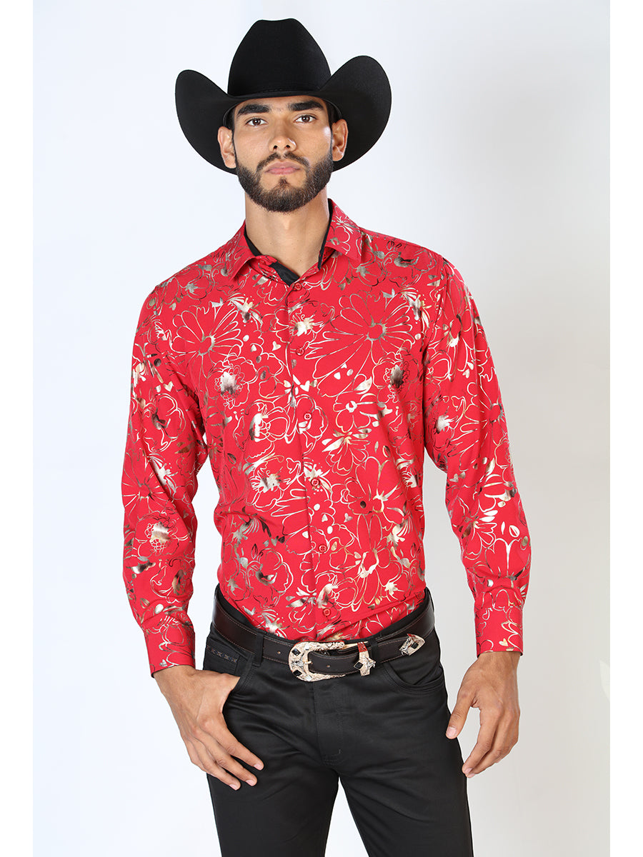 Red Printed Long Sleeve Denim Shirt for Men 'The Lord of the Skies' - ID: 43877
