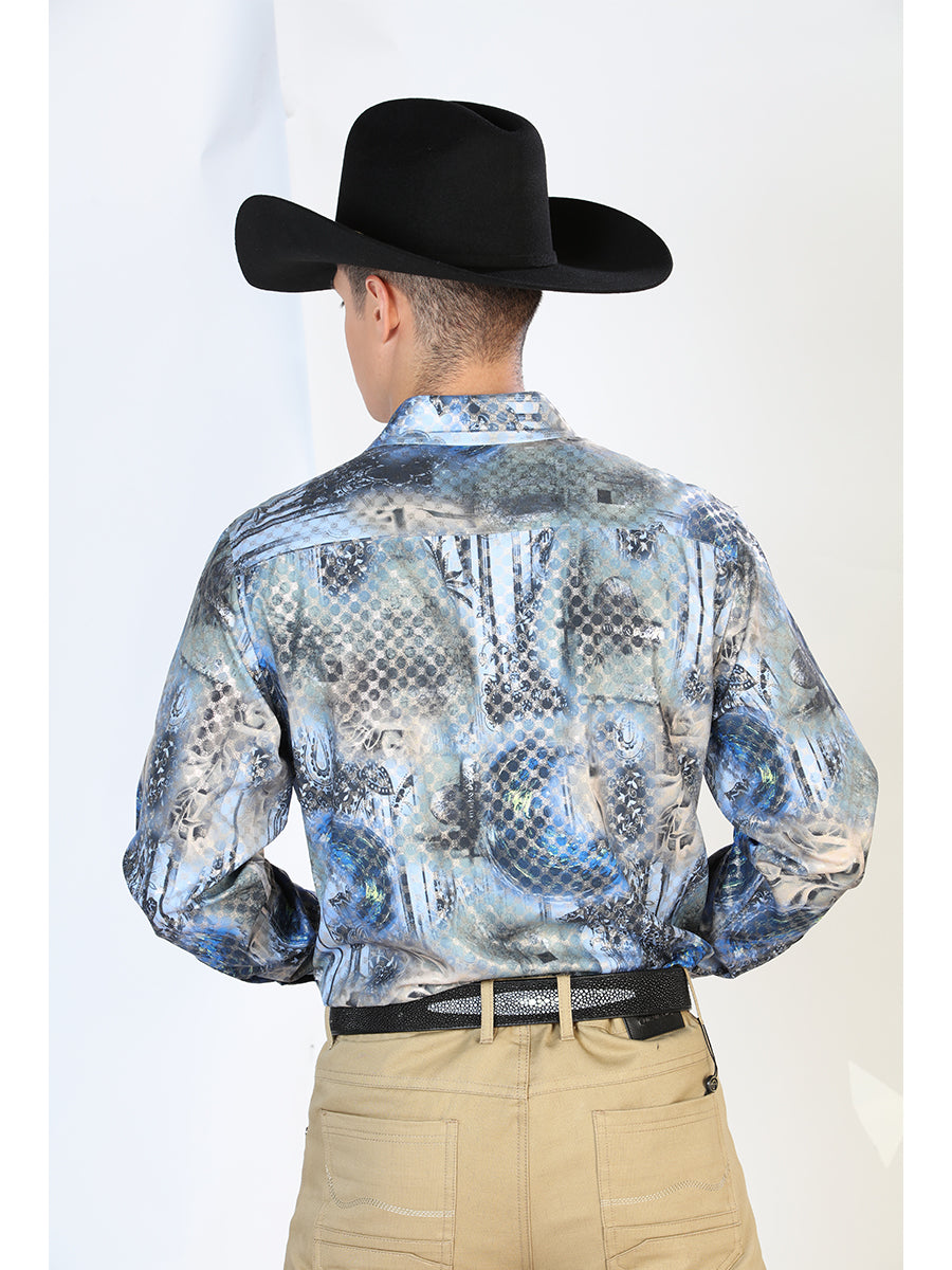 Long Sleeve Printed Black / Blue Denim Shirt for Men 'The Lord of the Skies' - ID: 43878