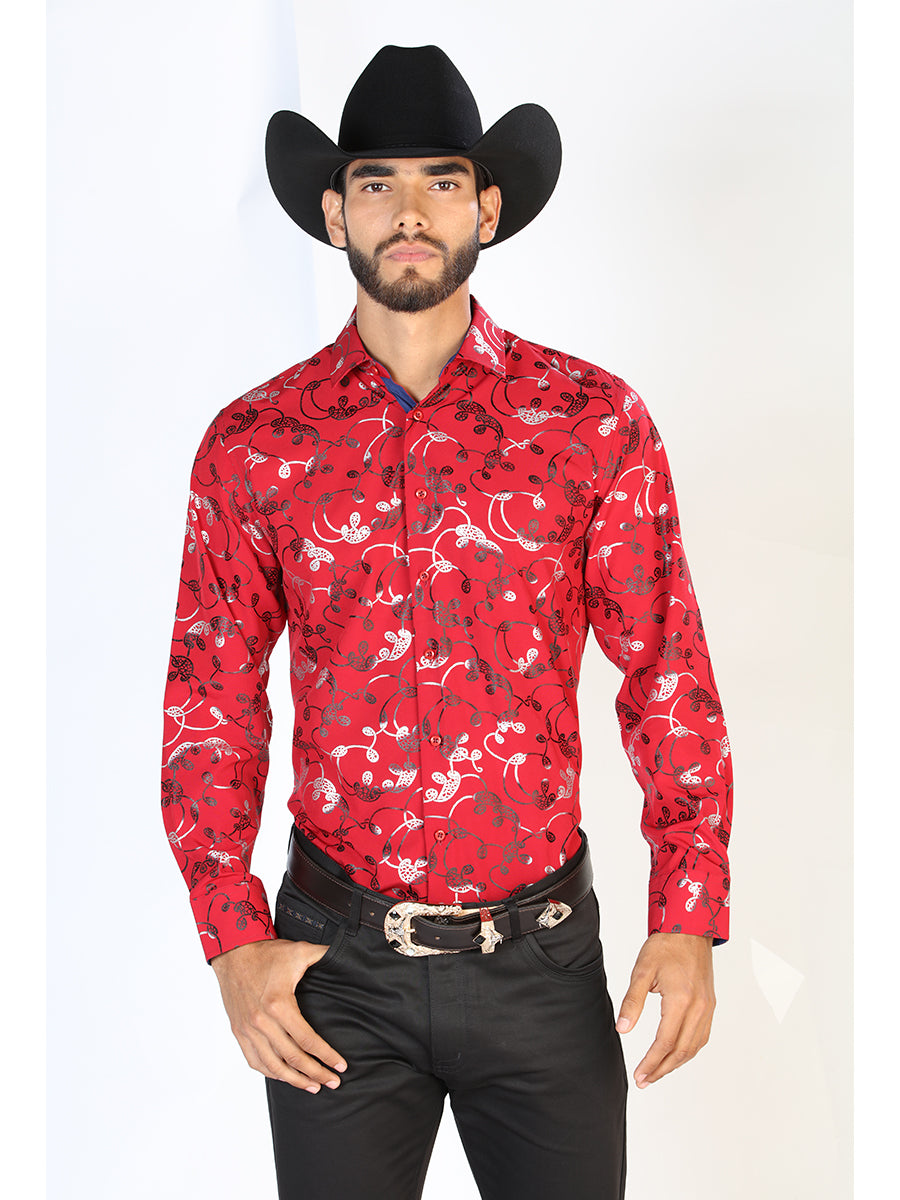 Red Printed Long Sleeve Denim Shirt for Men 'The Lord of the Skies' - ID: 43901