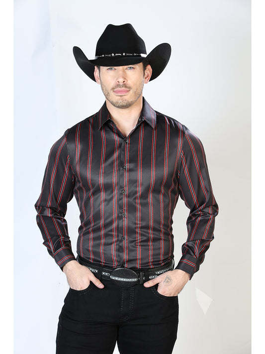 Black Striped Printed Long Sleeve Denim Shirt for Men 'El Señor de los Cielos' - ID: 43922 Western Shirt El Señor de los Cielos Black