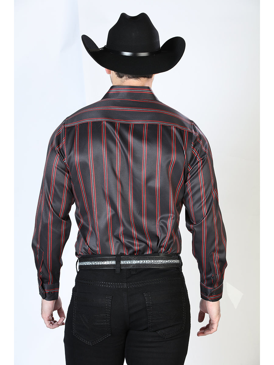Black Striped Printed Long Sleeve Denim Shirt for Men 'El Señor de los Cielos' - ID: 43922 Western Shirt El Señor de los Cielos