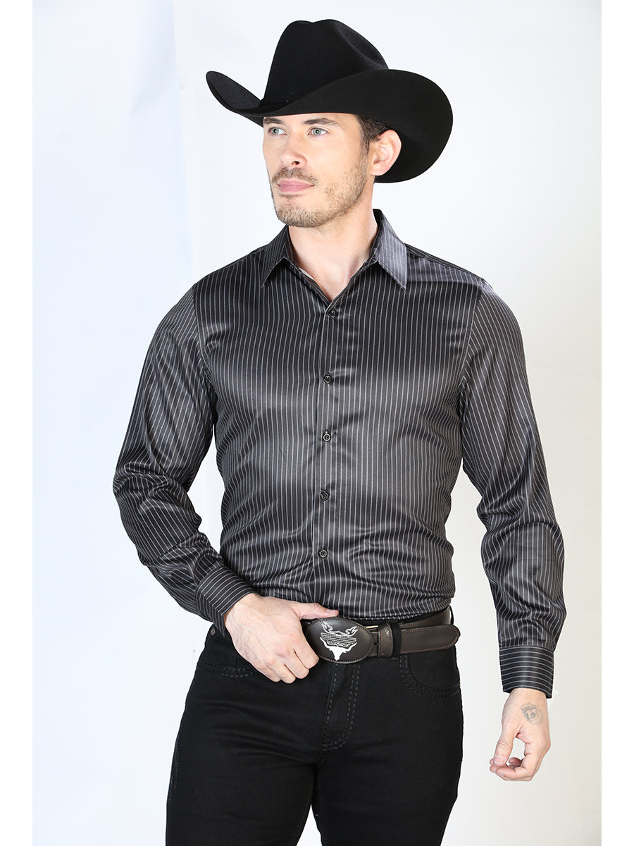 Black Striped Printed Long Sleeve Denim Shirt for Men 'El Señor de los Cielos' - ID: 43923 Western Shirt El Señor de los Cielos Black