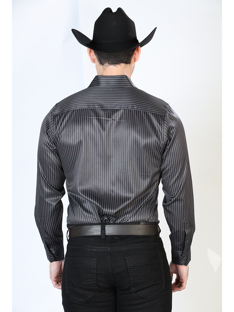 Black Striped Printed Long Sleeve Denim Shirt for Men 'El Señor de los Cielos' - ID: 43923 Western Shirt El Señor de los Cielos