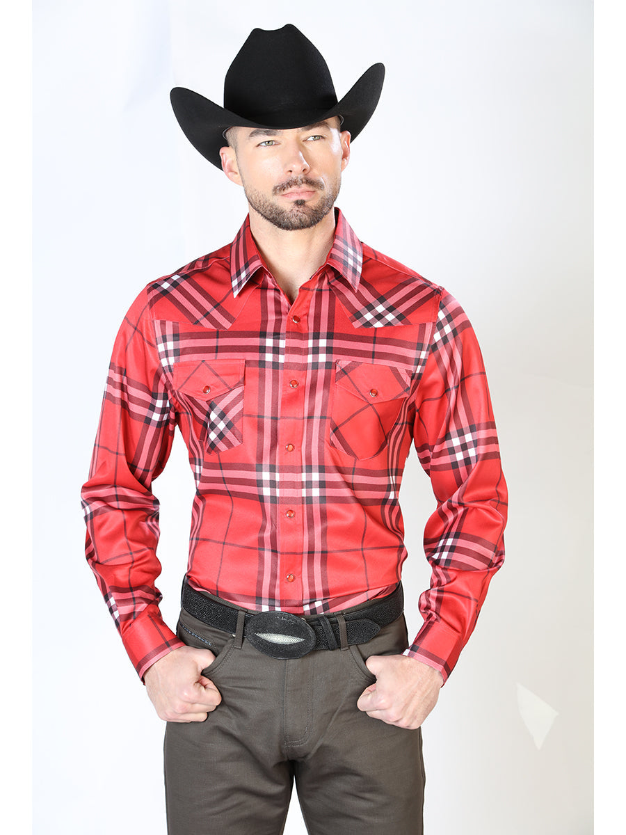 Red Plaid Printed Long Sleeve Denim Shirt with Brooches for Men 'El Señor de los Cielos' - ID: 43925 Western Shirt El Señor de los Cielos Red