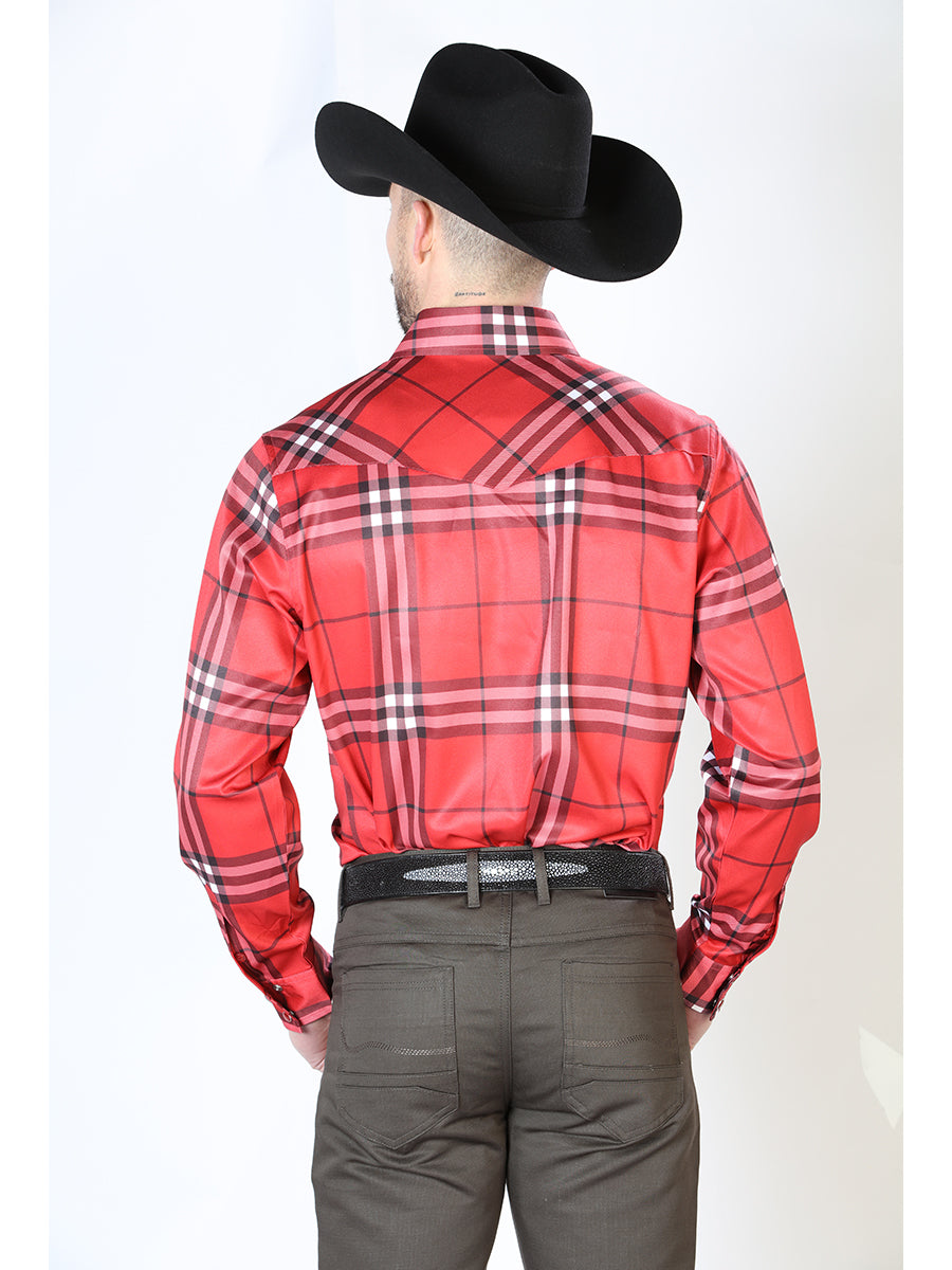 Red Plaid Printed Long Sleeve Denim Shirt with Brooches for Men 'El Señor de los Cielos' - ID: 43925 Western Shirt El Señor de los Cielos