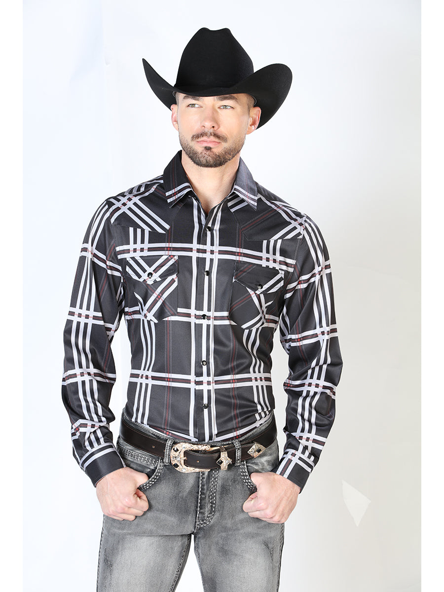 Long Sleeve Denim Shirt with Black Plaid Print Brooches for Men 'The Lord of the Skies' - ID: 43927