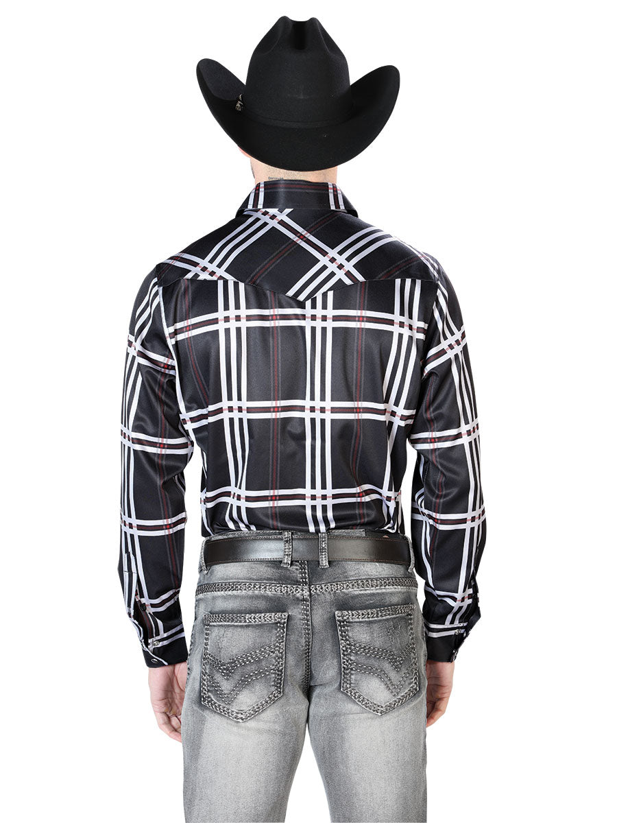 El Senor de Los Cielos Long Sleeved Denim Shirt with Brooches Printed Checks Western Shirt Black L Gde