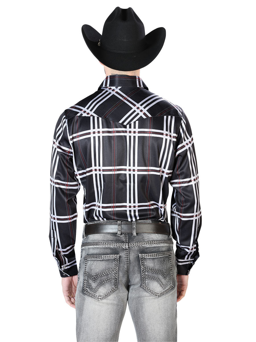 Long Sleeve Denim Shirt with Black Plaid Print Brooches for Men 'The Lord of the Skies' - ID: 43927