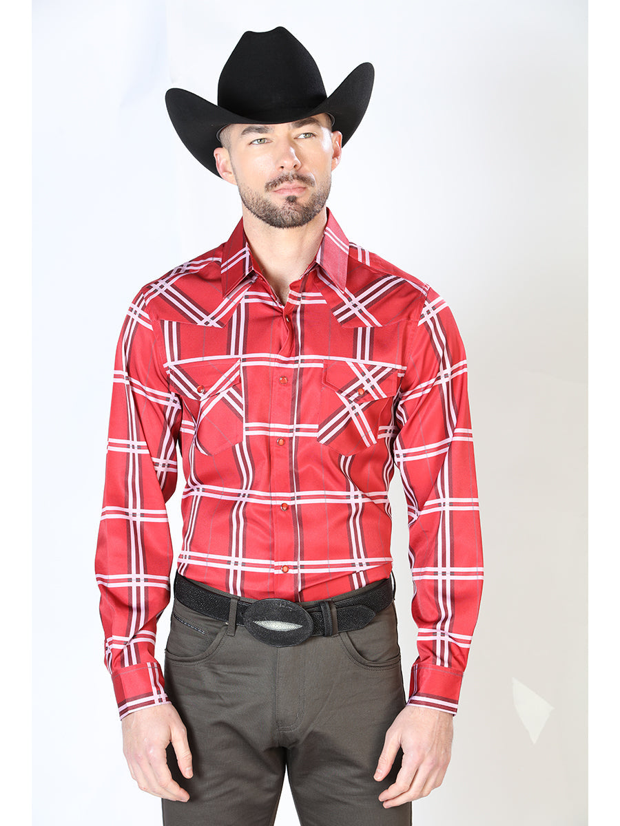 Red Plaid Printed Long Sleeve Denim Shirt with Brooches for Men 'El Señor de los Cielos' - ID: 43928 Western Shirt El Señor de los Cielos Red