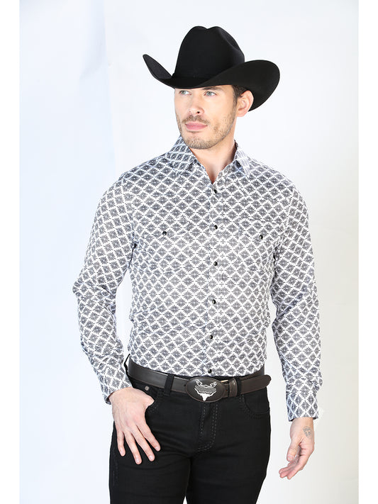 Long Sleeve Denim Shirt with Black / Gray Printed Brooches for Men 'The Lord of the Skies' - ID: 43930
