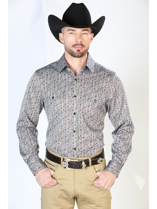 Long Sleeve Denim Shirt with Gray / Red Printed Brooches for Men 'The Lord of the Skies' - ID: 43931
