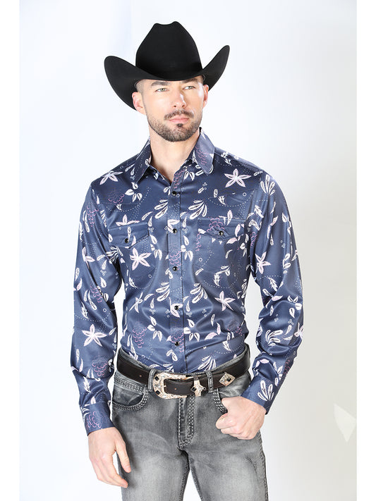 Long Sleeve Denim Shirt with Navy Print Brooches for Men 'The Lord of the Skies' - ID: 43932