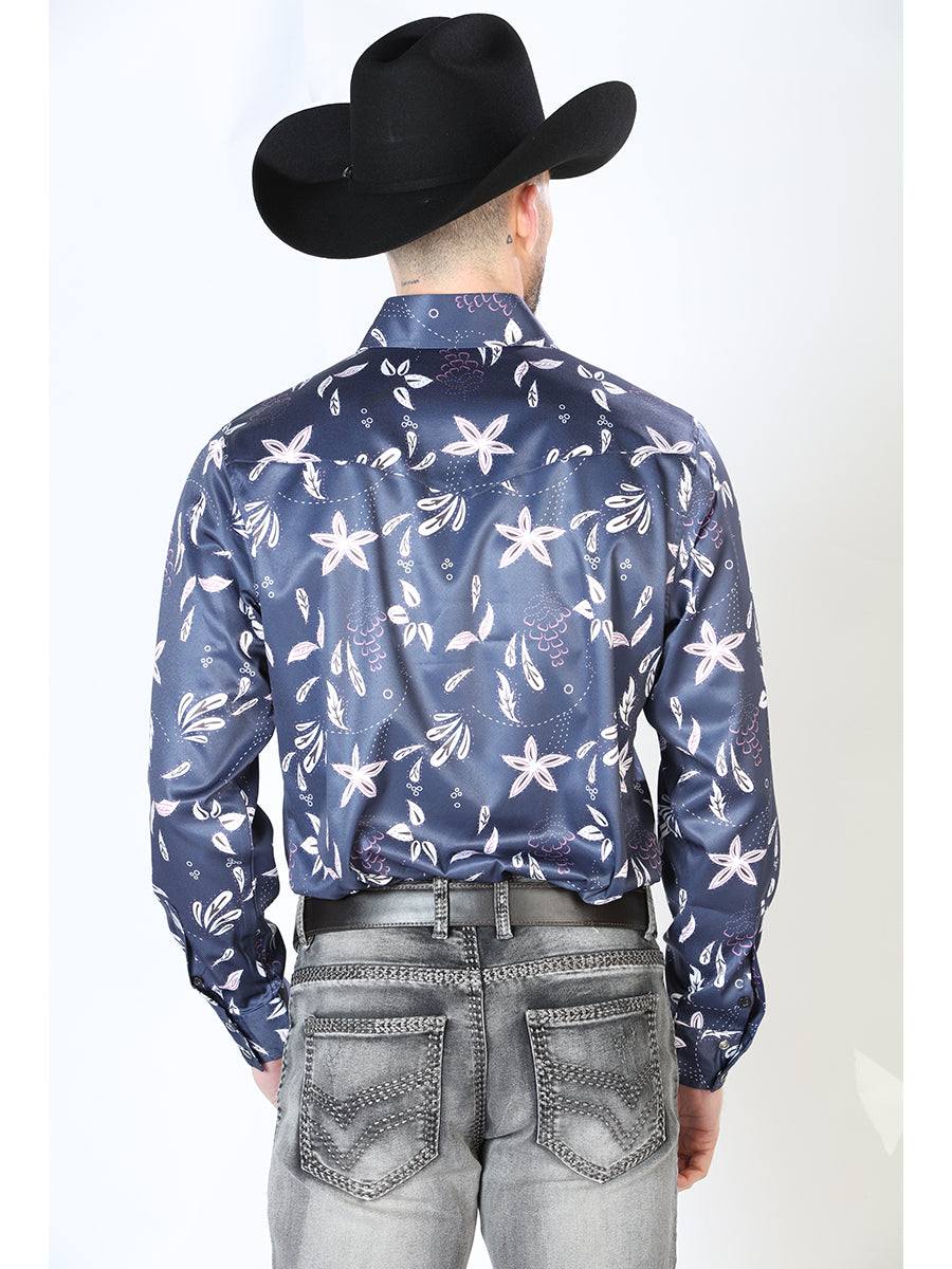 Navy Printed Long Sleeve Denim Shirt for Men 'The Lord of the Skies' - ID: 43932 The Lord of the Skies Printed Shirts