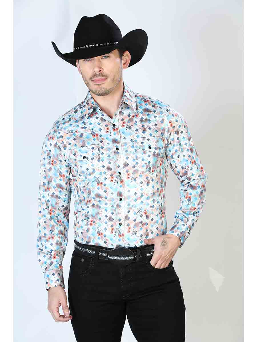 Long Sleeve Denim Shirt with Multicolor Printed Brooches for Men 'The Lord of the Skies' - ID: 43933