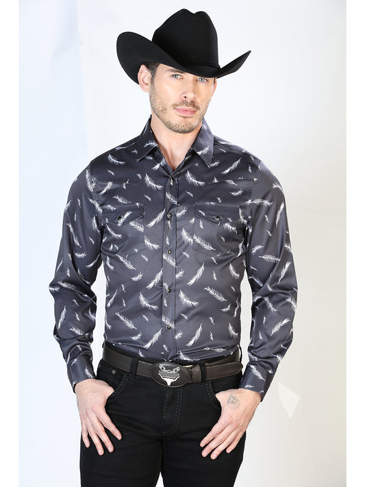 Long Sleeve Denim Shirt with Navy Feathers Printed Brooches for Men 'The Lord of the Skies' - ID: 43934
