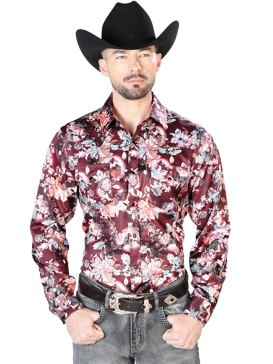Brown/Beige Floral Printed Long Sleeve Denim Shirt with Brooches for Men 'El Señor de los Cielos' - ID: 43936 Western Shirt El Señor de los Cielos Brown/Beige