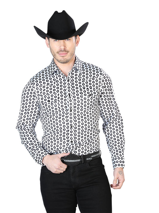 Long Sleeve Denim Shirt with Black / White Printed Brooches for Men 'The Lord of the Skies' - ID: 43938