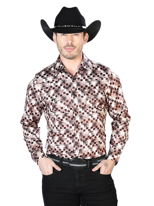 Long Sleeve Denim Shirt with Beige/Coffee Printed Brooches for Men 'The Lord of the Skies' - ID: 43941