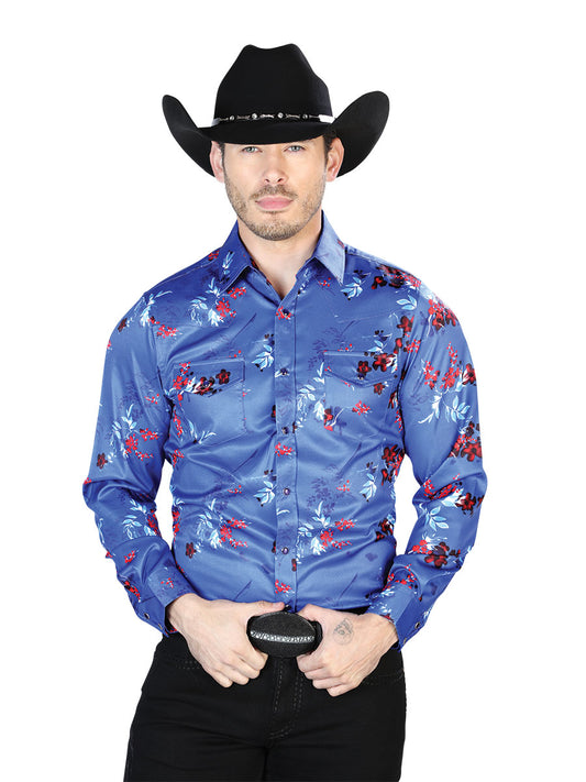 Long Sleeve Denim Shirt with Royal Blue Floral Print Brooches for Men 'The Lord of the Skies' - ID: 43942