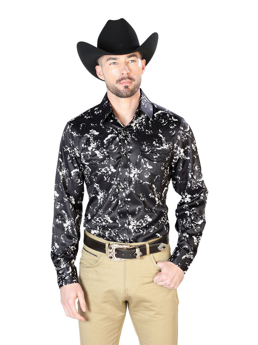 Camisa Vaquera Manga Larga de Broches Estampada Negro/Beige para Hombre 'El Señor de los Cielos' - ID: 43946 Camisas Estampadas El Señor de los Cielos Black/Beige