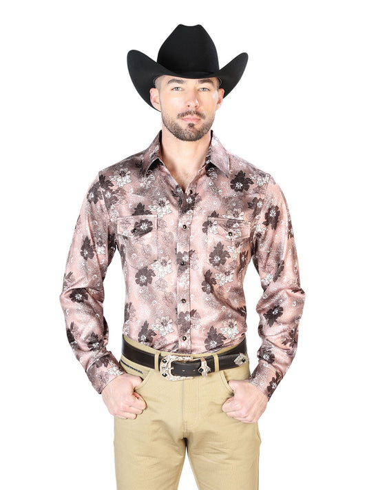 Long Sleeve Denim Shirt with Light Brown Floral Print Brooches for Men 'The Lord of the Skies' - ID: 43947