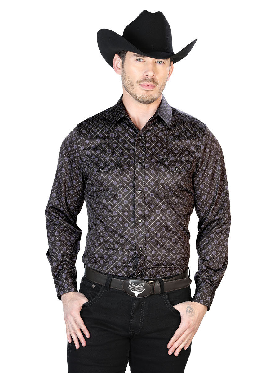 Long Sleeve Denim Shirt with Brown Printed Brooches for Men 'The Lord of the Skies' - ID: 43950