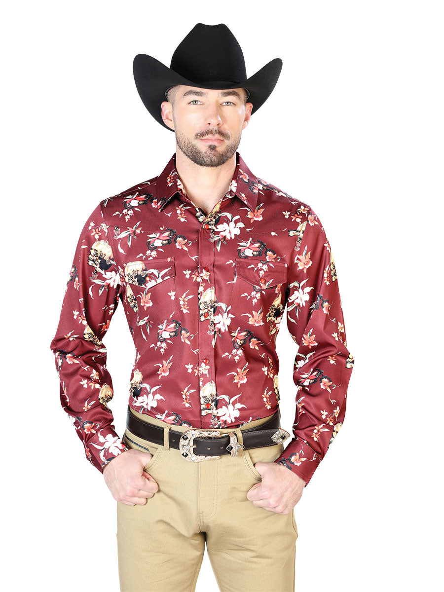 Multicolor Floral Print Long Sleeve Denim Shirt with Brooches for Men 'The Lord of the Skies' - ID: 43951 The Lord of the Skies Multicolor Floral Shirts