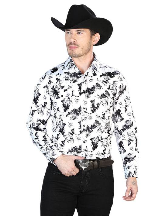 White/Black Printed Long Sleeve Denim Shirt with Brooches for Men 'El Señor de los Cielos' - ID: 43952 Western Shirt El Señor de los Cielos White/Black