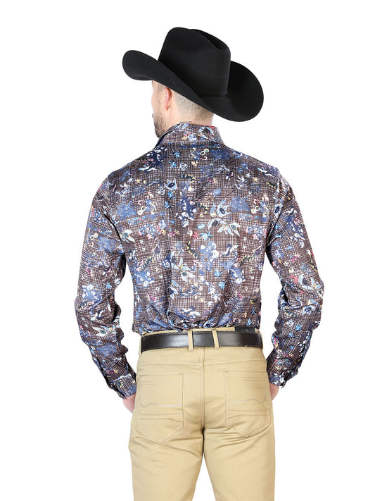 Long Sleeve Denim Shirt with Navy Print Brooches for Men 'The Lord of the Skies' - ID: 43953