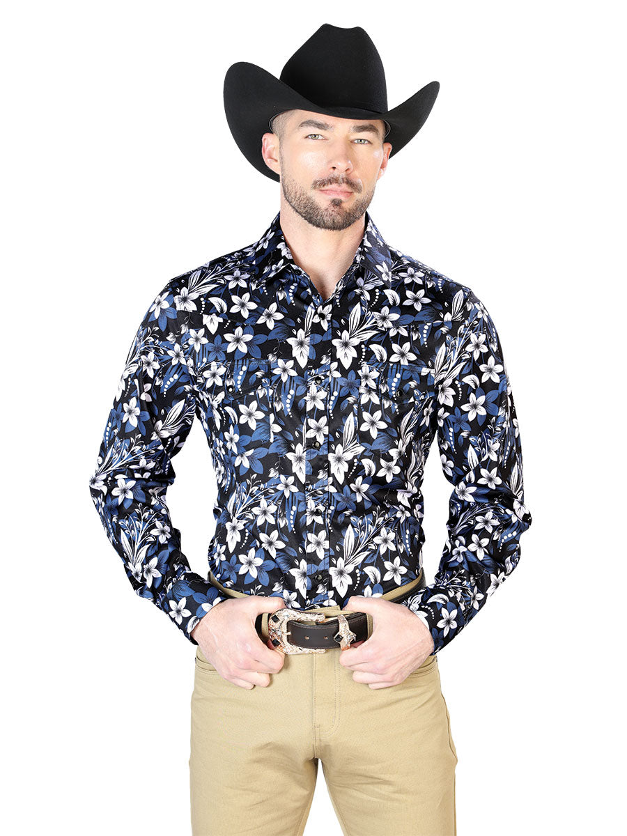 Long Sleeve Denim Shirt with Black Floral Print Brooches / Flowers for Men 'The Lord of the Skies' - ID: 43954