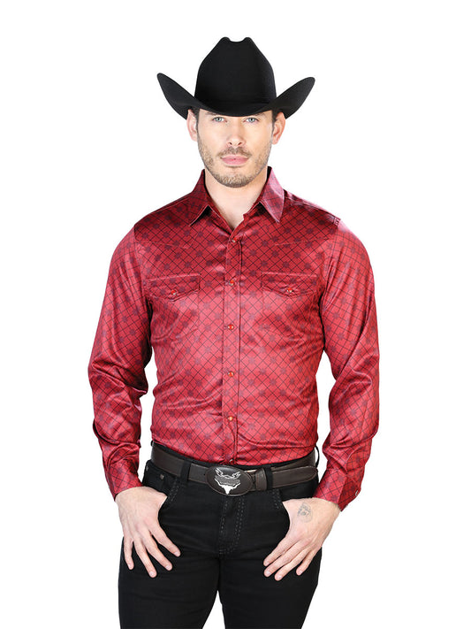 Long Sleeve Denim Shirt with Burgandy Printed Brooches for Men 'The Lord of the Skies' - ID: 43955