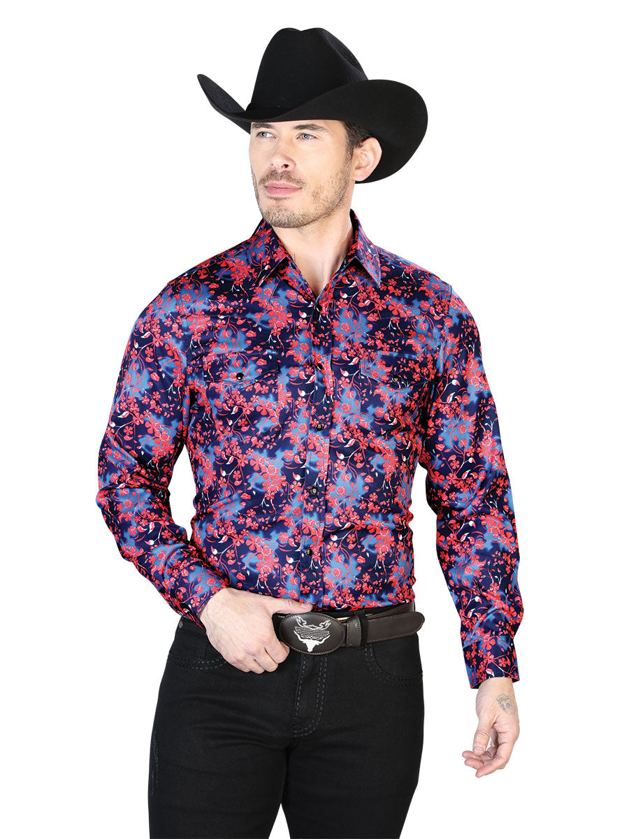 Long Sleeve Denim Shirt with Blue Floral Print Brooches / Flowers for Men 'The Lord of the Skies' - ID: 43956