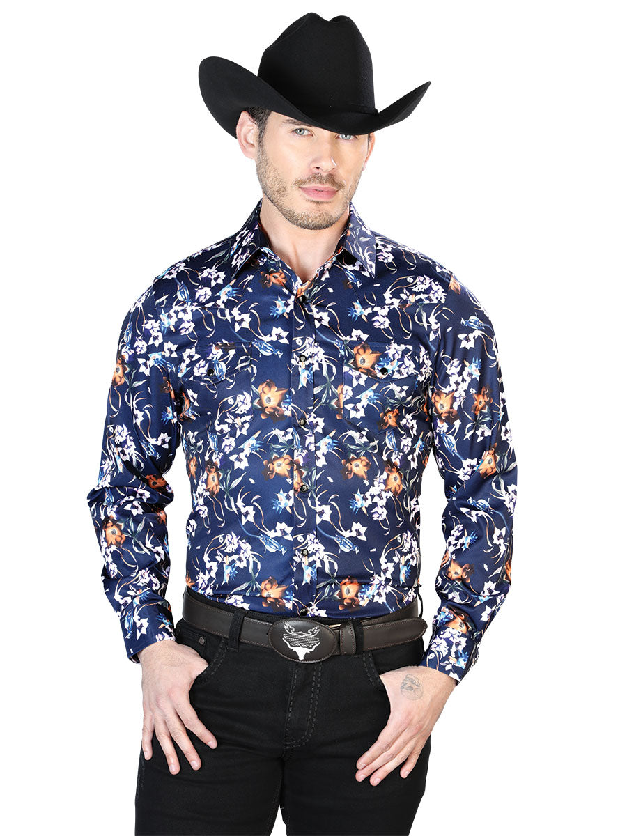 Blue/Flowers Floral Print Long Sleeve Denim Shirt with Brooches for Men 'El Señor de los Cielos' - ID: 43957 Western Shirt El Señor de los Cielos Blue/Flowers