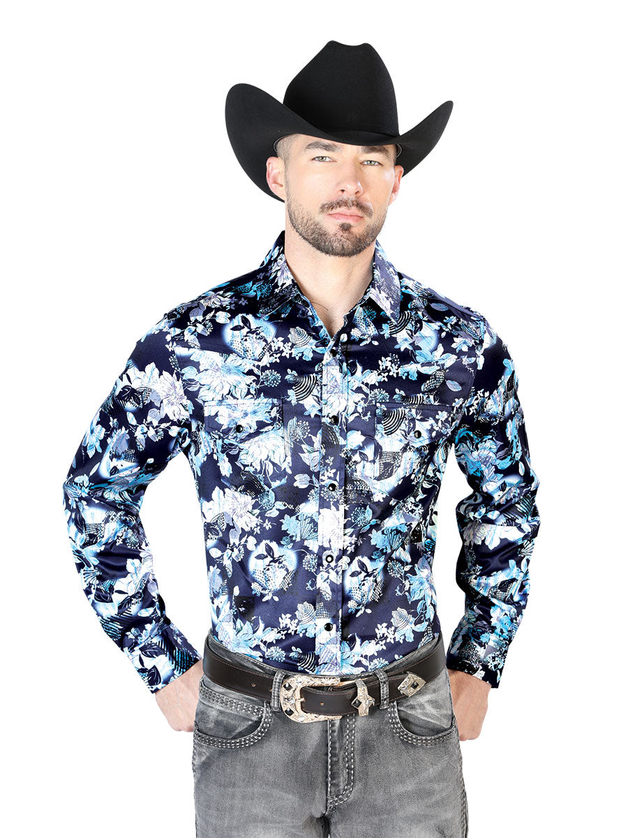 Long Sleeve Denim Shirt with Blue Floral Print Brooches / Flowers for Men 'The Lord of the Skies' - ID: 43958