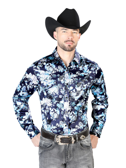 Blue/Flowers Floral Print Long Sleeve Denim Shirt with Brooches for Men 'El Señor de los Cielos' - ID: 43958 Western Shirt El Señor de los Cielos Blue/Flowers