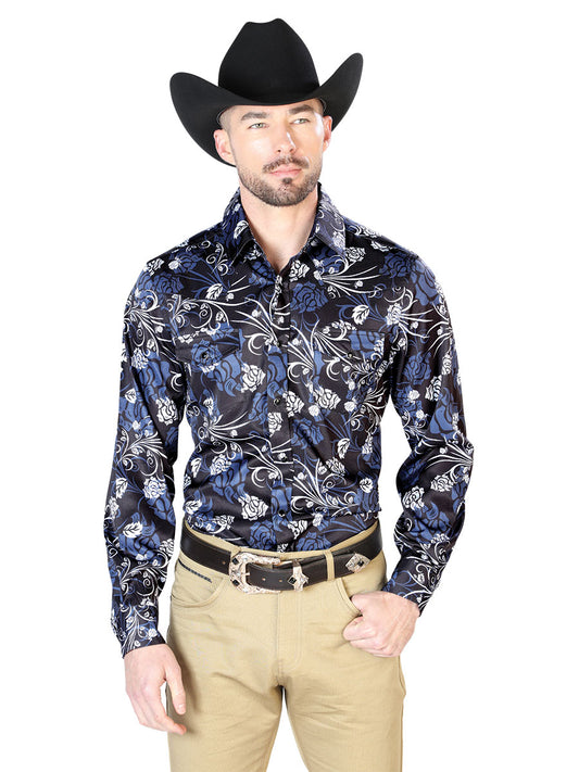 Long Sleeve Denim Shirt with Navy Floral Print Brooches for Men 'The Lord of the Skies' - ID: 43959
