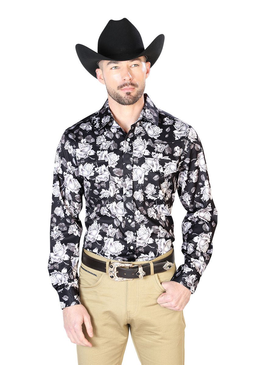 Long Sleeve Denim Shirt with Black Floral Print Brooches / Flowers for Men 'The Lord of the Skies' - ID: 43960