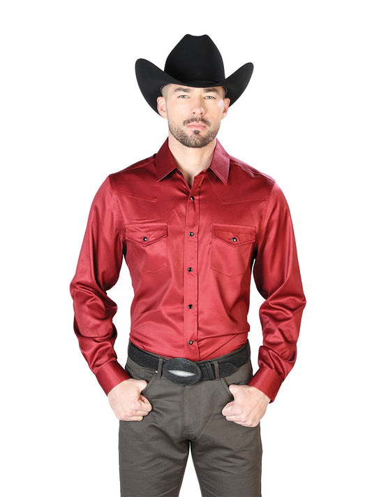 Long Sleeve Cowboy Shirt with Burgandy Brooches for Men 'The Lord of the Skies' - ID: 43961