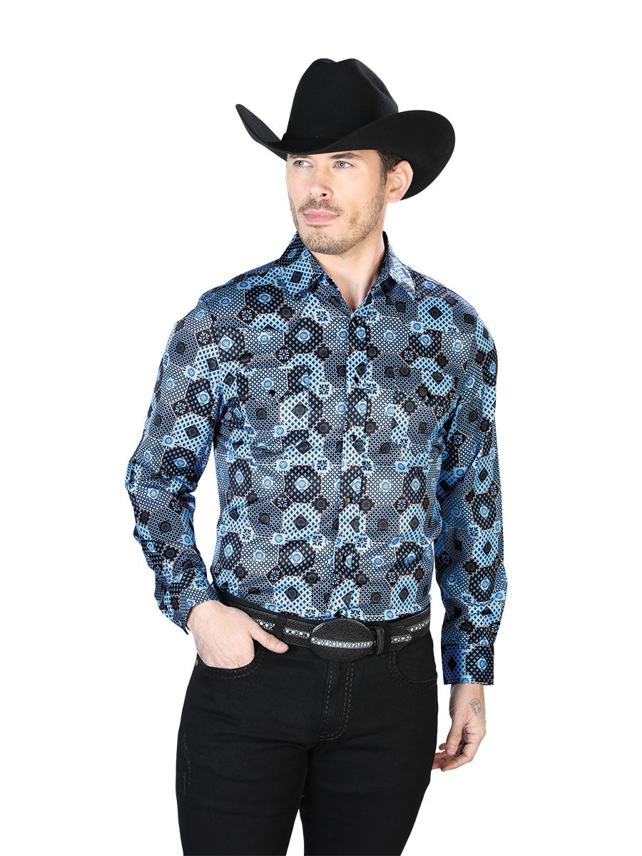 Long Sleeve Denim Shirt with Blue Printed Brooches for Men 'The Lord of the Skies' - ID: 43963