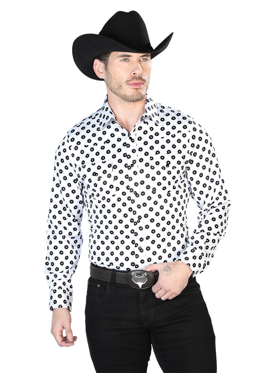 Long Sleeve Denim Shirt with Black / White Printed Brooches for Men 'The Lord of the Skies' - ID: 43964